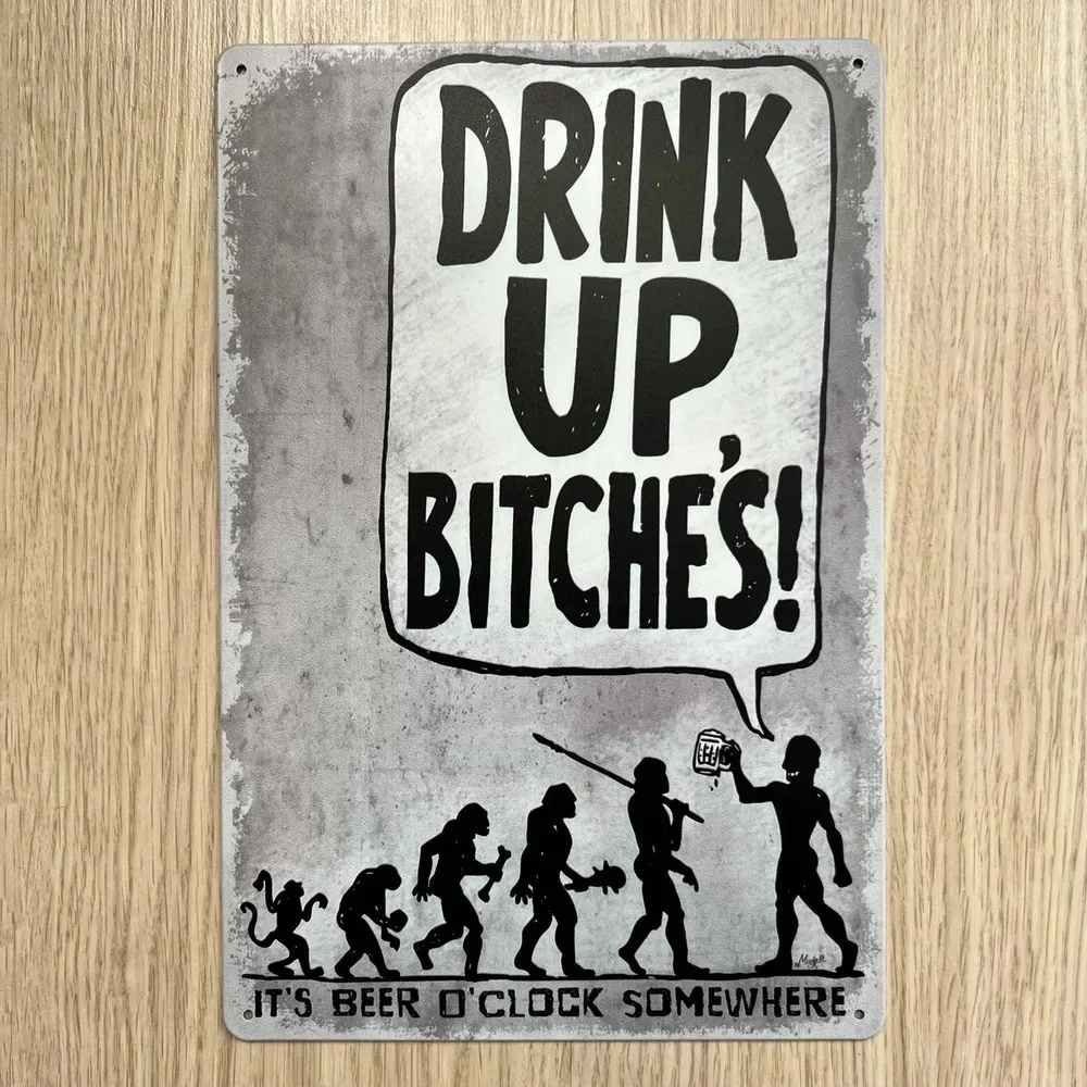 Vintage Collectible Plates - ブリキ製のサイン - 人類の進化をテーマにしたビールに関する名言、ヴィンテージ風で耐久性のある金属製の壁飾り、家庭用バー、パブ、男性の趣味の部屋の壁に飾るのに最適。